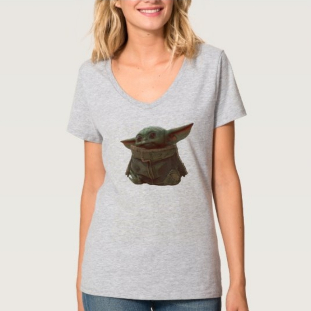 NEW Disney Mandalorian Baby Yoda Ladies V Neck Tee